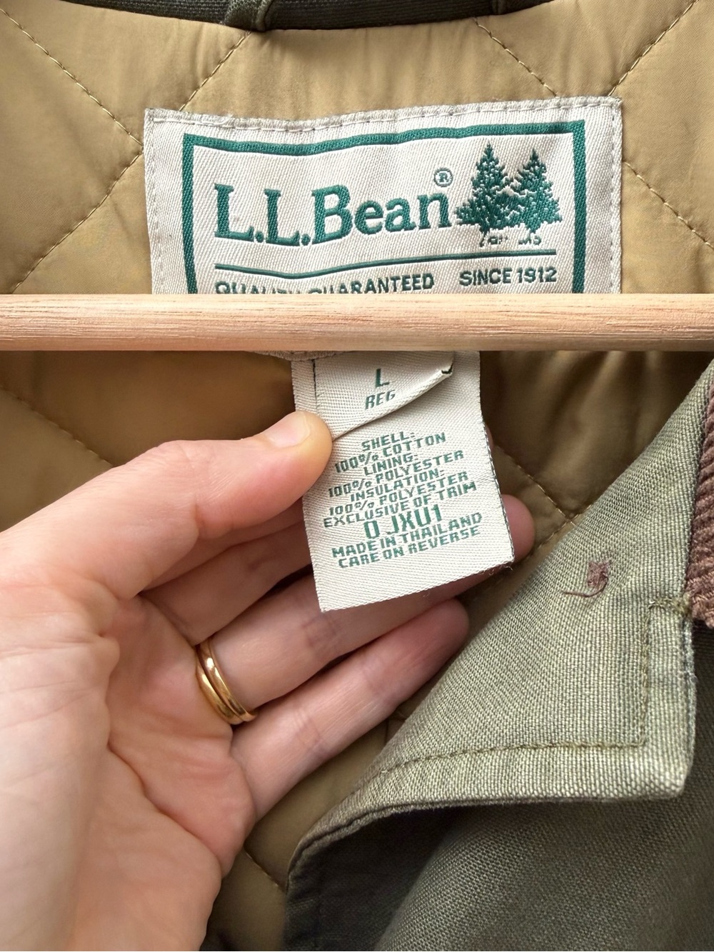 L.L. Bean Olive Green Barn Jacket with Brown Corduroy Collar - Picture 3 of 10